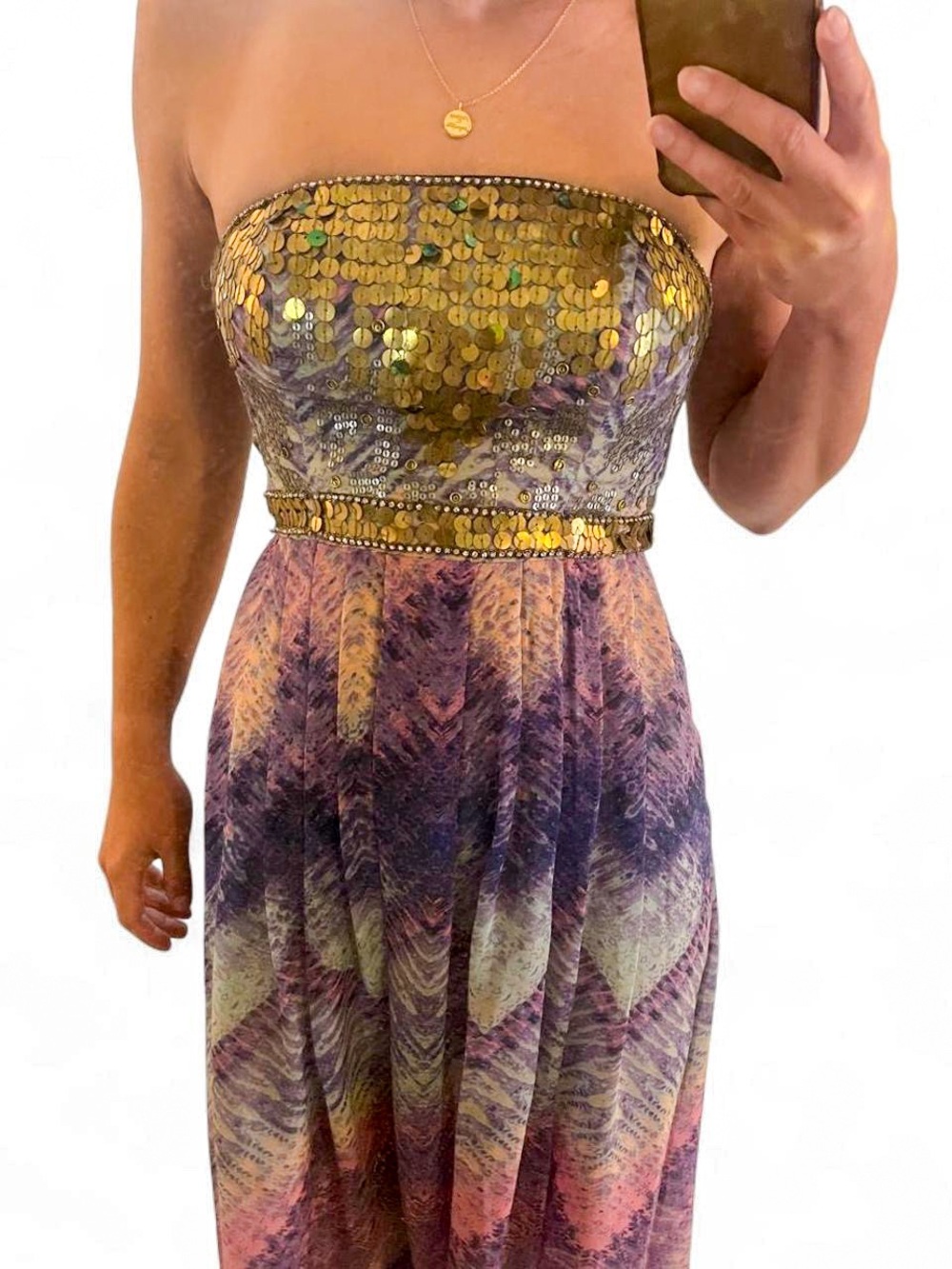 NWT Ecoute Strapless Gold-Sequin Bodice Maxi Dress with Purple Ombre XS